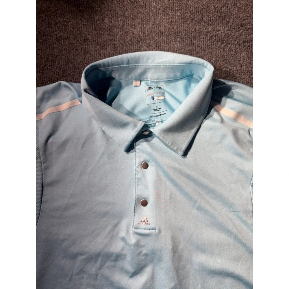 Adidas Golf Puremotion Polo Shirt Mens Large Blue Short Sleeve Snaps B19845